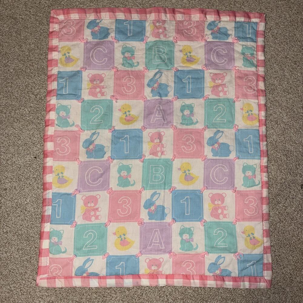 Vintage Handmade Baby Quilt Pastel Blocks Number Letter 123‎ ABC Bear Bunny Duck